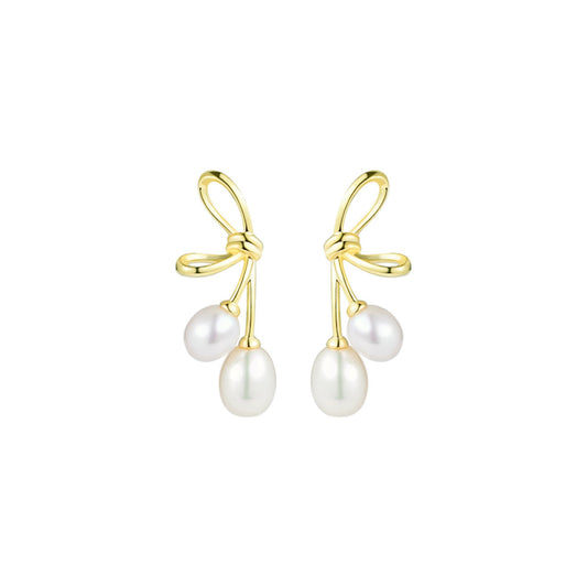 Cherry Bow Drop Gold Earrings-0