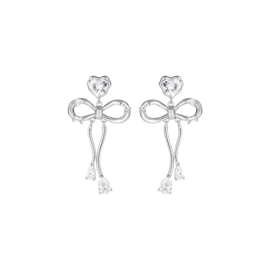 Floating Bow Dangle Silver Earrings-0
