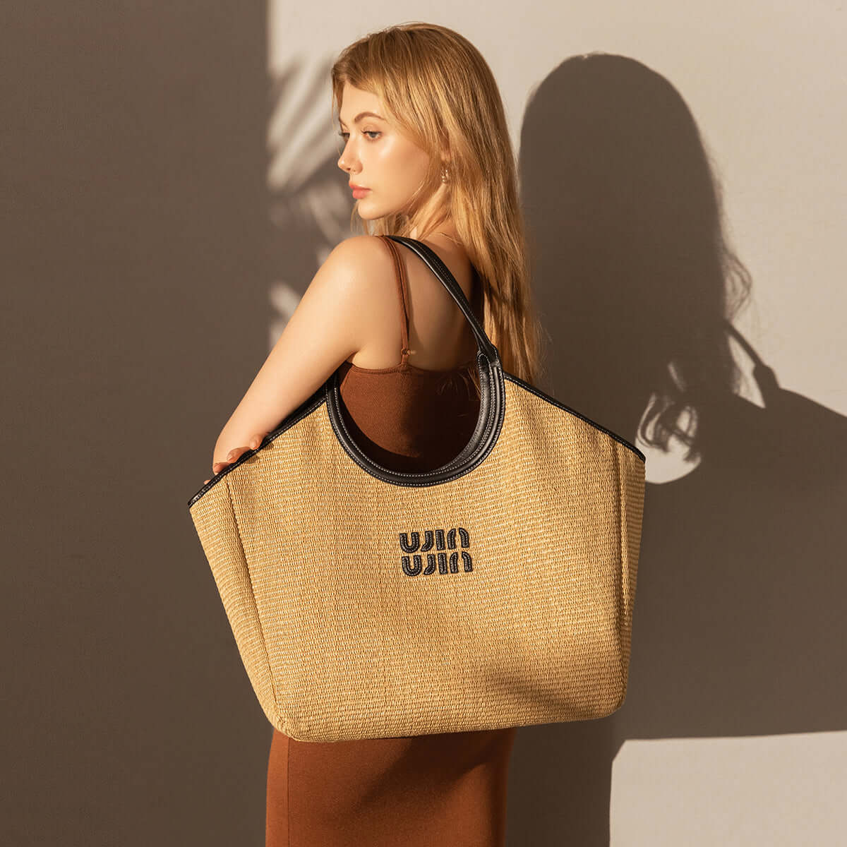 Natural Khaki Woven Tote Bag-4