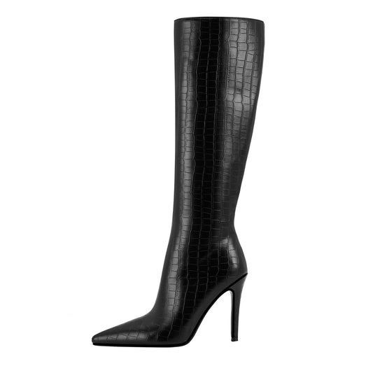 Sleek Black Leather Pointed Knee High Boots-0